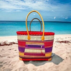 Extra Large Multi Striped Raffia Beach Tote Made in Africa w/ Leather Handles